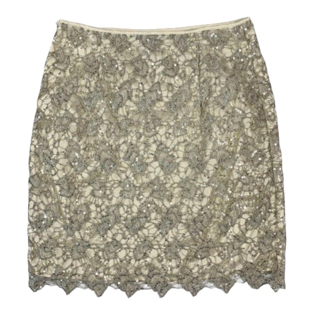 H&M Cream & Gold Lace And Sequin Overlay Scalloped Hem Pencil Skirt Size 4